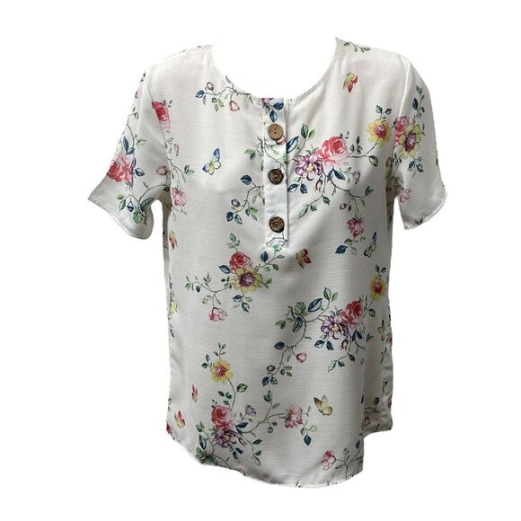 Made With Love Blouse Top White Multicolor Floral Print Short Sleeves Buttons S - Picture 1 of 5